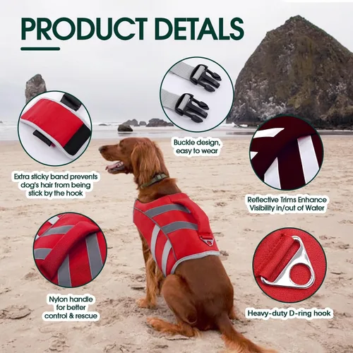 Miniatura 4 de Kuoser Chaleco salvavidas para perros con rayas reflectantes, chaleco salvavidas ajustable para mascotas con alta flotación, traje de baño