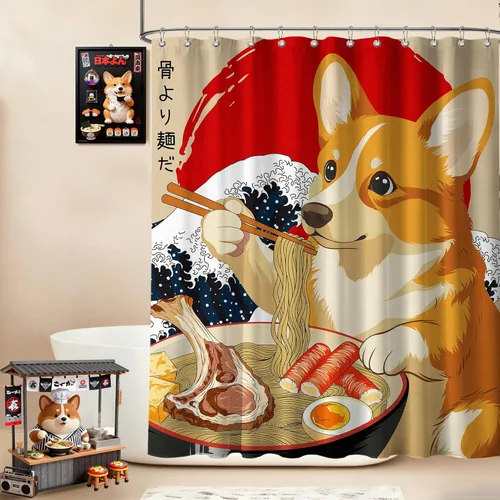 Miniatura 21 de Cortina de ducha estrecha con diseño de gato negro y animé japonés para casa rodante, juegos de decoración de baño, tela impermeable con ganchos, 36