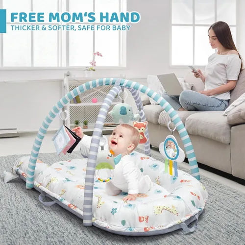 Miniatura 14 de Tapete de juego para bebé, tapete de gimnasio 7 en 1 para desarrollo sensorial y motor, lavable y portátil, tapete de actividad de tiempo boca abajo