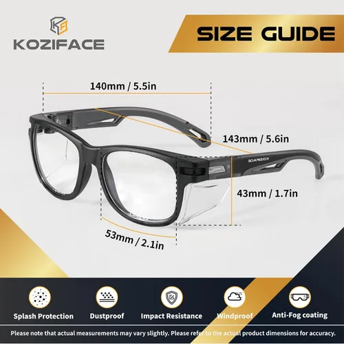 Miniatura 5 de KOZIFACE E52 - Gafas de seguridad antivaho ANSI Z87.1, protección ocular con protectores laterales, lente transparente, ligeras para el trabajo