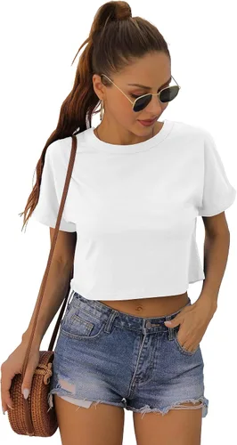 Miniatura 7 de Blusa corta de verano para mujer, manga corta, cuello redondo, ajuste holgado, blusa casual