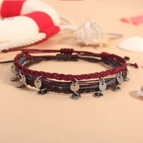 Miniatura 5 de FANCY SHINY - Tobilleras de cuerda impermeables, trenzadas, bohemias, de monedas, para la playa, joyería para el pie, tobilleras de la amistad