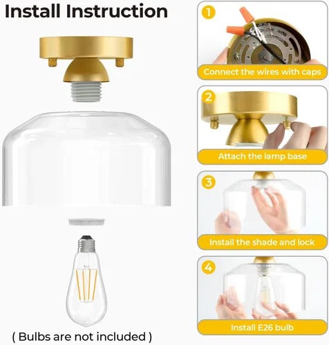 Miniatura 6 de Lámpara de techo semiempotrada dorada cepillada, pantalla colgante de vidrio transparente, lámpara moderna de granja para pasillo, pasillo, cocina