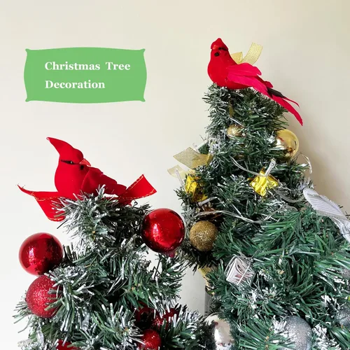 Miniatura 5 de 12 adornos de pájaros cardenales rojos, decoración de árbol de Navidad, 5.5 pulgadas, clip en tela emplumada, pájaros artificiales para decoración