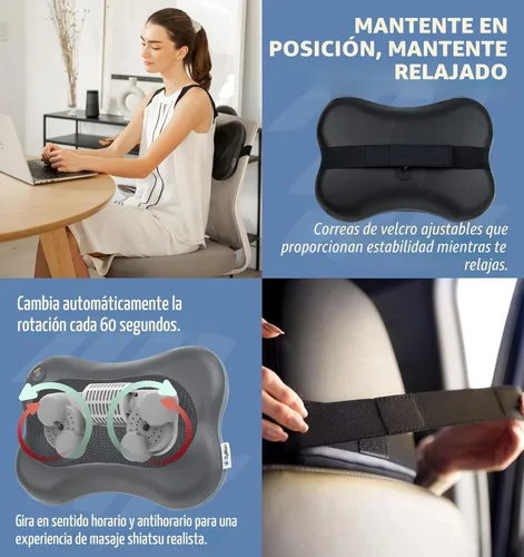 Miniatura 5 de Zyllion Masajeador Shiatsu de espalda y cuello con calor - Almohada de masaje eléctrico de amasado de tejido profundo 3D para alivio del dolor Negro