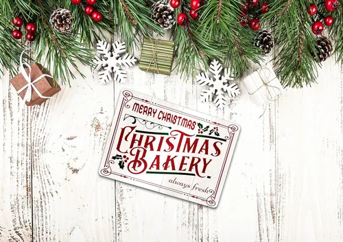 Miniatura 5 de Cartel de hojalata navideña con texto en inglés «Always Fresh «Christmas Bakery Always Fresk», decoración navideña para cocina, cafetería, bar
