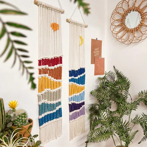Miniatura 2 de Juego de decoración bohemia para colgar en la pared, 2 piezas de tapiz bohemio del suroeste bohemio hecho a mano con borla larga, adorno de arcoíris