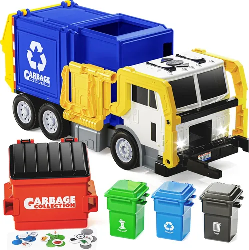 JOYIN Juego de juguetes de camión de basura de fricción grande, incluye 1 contenedor, 3 cubos de basura y 30 tarjetas de aprendizaje para niños, Azul