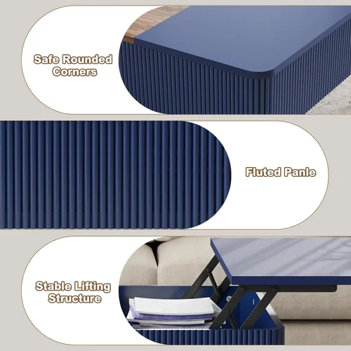 Miniatura 7 de HLR Mesa auxiliar de doble elevación de 47 pulgadas con almacenamiento, moderna mesa de centro de madera acanalada con compartimento oculto, mesa