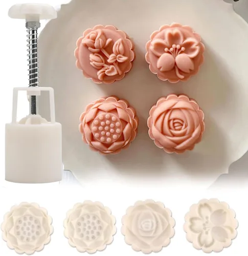 Miniatura 3 de Molde de prensa de pastel de luna de flores chinas rosadas, postre de pastel de luna prensado a mano, hojaldre de pastel de luna, 1 molde con 4
