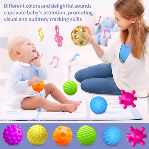 Miniatura 7 de Bolas sensoriales para bebés, paquete de 6, pelota para niños pequeños de 1 a 3, juguetes Montessori suaves y texturizados para bebés de 6 a 12
