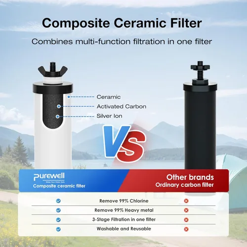 Miniatura 3 de Purewell Sistema de filtro de agua alimentado por gravedad de 3 etapas, sistema de encimera de acero inoxidable de 2.25 galones con 2 filtros
