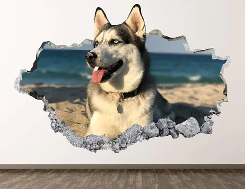 Calcomanía de pared de Husky para decoración 3D de perro Husky siberiano destrozado, póster para habitación de niños, regalo personalizado BL745 (22