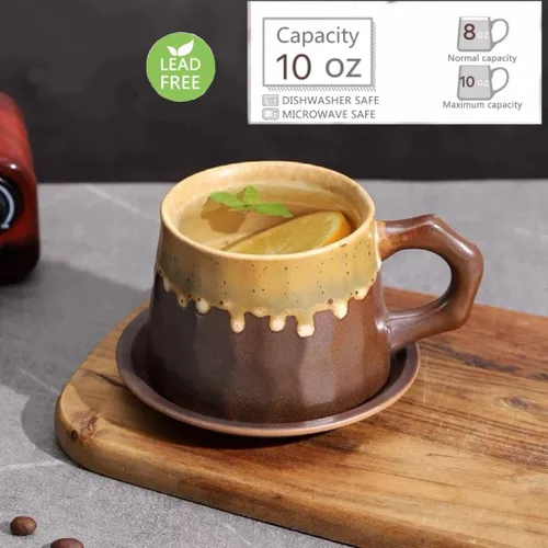 Miniatura 3 de Taza de capuchino de cerámica vintage retro hecha a mano con platillo – Taza de té y platillo de cerámica rústica pequeña, sin plomo, taza hecha a