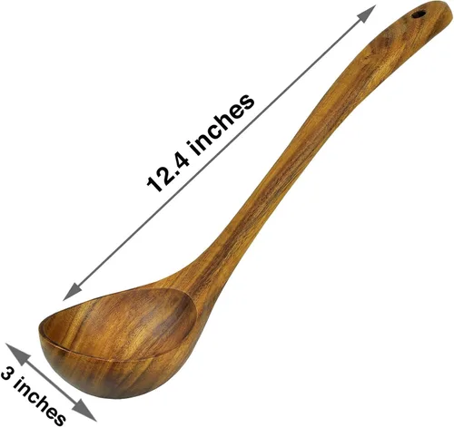 Miniatura 4 de Cucharón de madera para cocinar, cuchara de sopa - Cuchara de madera de teca, mango de 12.4 pulgadas, tamaño mediano de 2 onzas, ecológico, natural