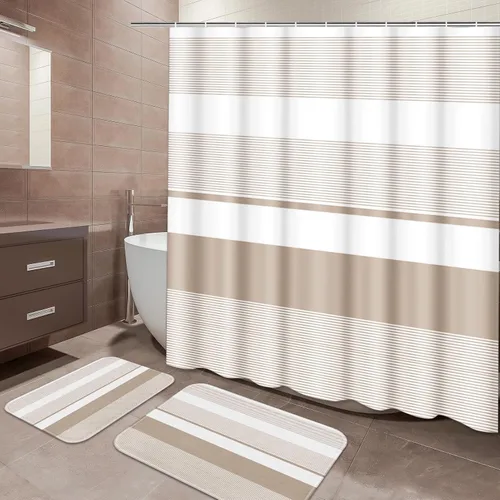 Juego de baño ArtSocket beige a rayas con cortina de ducha y alfombras de baño y accesorios, juego de cortina de ducha boho moderno antideslizante,