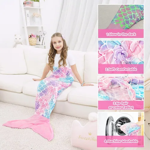 Miniatura 5 de WERNNSAI Manta de Cola de Sirena para Niños - Manta Ponible de Sirena que Brilla en la Oscuridad para Niñas de Invierno Franela Suave con Escamas