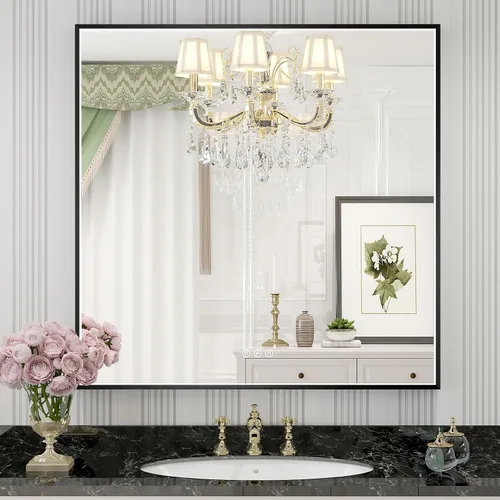 Miniatura 30 de Espejo de baño LED de 24x32 pulgadas con luces, espejo LED con marco de metal negro para baño, 3 colores y luz regulable sin escalones montada