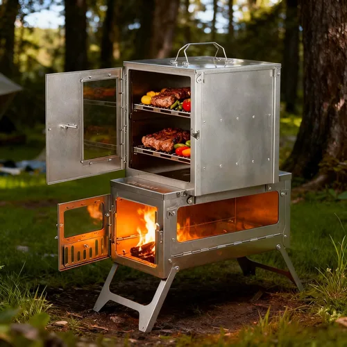 Miniatura 2 de POMOLY Horno de campamento de 12.6 pulgadas de alto con parrilla de 2 niveles, horno de titanio portátil con termómetro para hornear, calefacción