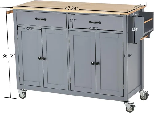 Miniatura 4 de LUMISOL Carrito móvil de isla de cocina con gabinete sobre ruedas, carrito rodante con tapa de madera de caucho, cajones, toallero y estante