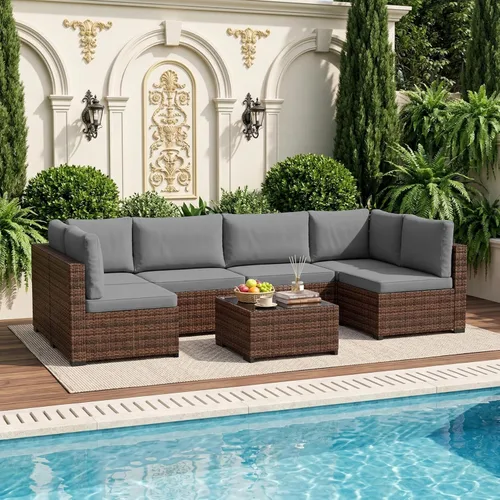 Miniatura 16 de LHBcraft Juego de muebles de patio de 7 piezas, seccionales para exteriores, tejido manual para todo tipo de clima, sofá seccional de mimbre de Ye-bk