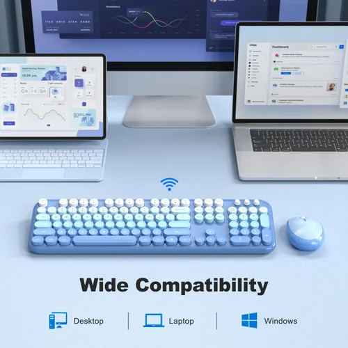 Miniatura 62 de KNOWSQT Combo de teclado y ratón inalámbrico, teclados lindos de tamaño completo estilo máquina de escribir 2.4G azul colorido - receptor USB Plug