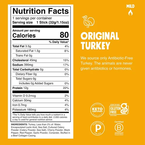 Miniatura 2 de Chomps Paquete de 10 palitos originales de carne seca de pavo, Keto, Paleo, bajos en carbohidratos, aprobados por Whole30, 0.44 oz de proteína