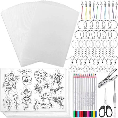 Shynek Kit de llavero de arte retráctil de 205 piezas, incluye 20 hojas de plástico retráctil y 185 accesorios de llavero para manualidades creativas