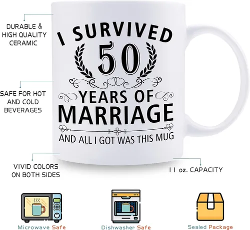 Miniatura 5 de Taza de café de 11 onzas con texto en inglés "I Survived 50 Years of Marriage and All I Got Was This Cup" para el 50 aniversario de boda y para él
