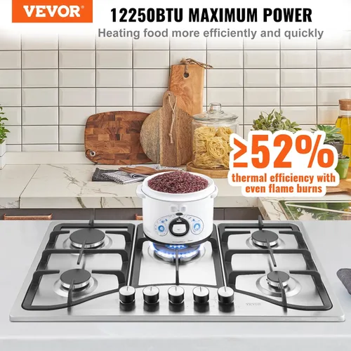 Miniatura 2 de VEVOR Placa de cocina de 30 pulgadas con 5 quemadores, 12250 BTU máx., estufa integrada de acero inoxidable, combustible dual GLP/GN, estufa de gas