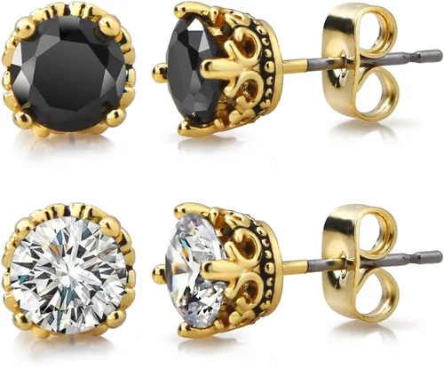 Miniatura 5 de Aretes negros y dorados para hombres y mujeres, con corona retro, hipoalergénicos, de acero inoxidable, con circonita cúbica