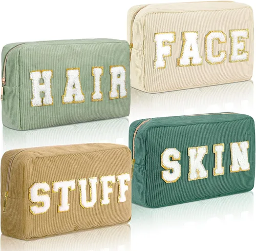 Miniatura 8 de Pinkunn 4 Piezas Bolsas de Maquillaje Preppy Bolsas de Chenilla con Letras de Viaje Organizador Facial Piel Cabello Higiene Cosmética Bolsa de Aseo