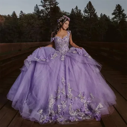Miniatura 3 de Mauuwy Vestidos de quinceañera florales en 3D, vestido de baile de tul brillante hinchado dulce 16 vestidos de encaje con hombros descubiertos