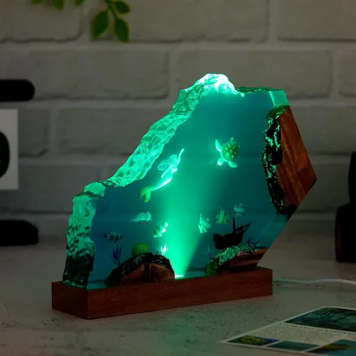 Miniatura 4 de Drawelry Lámpara creativa de luz de madera de resina epoxi, hecha a mano, con forma de onda profunda, lámpara de océano acuático profundo, buceador