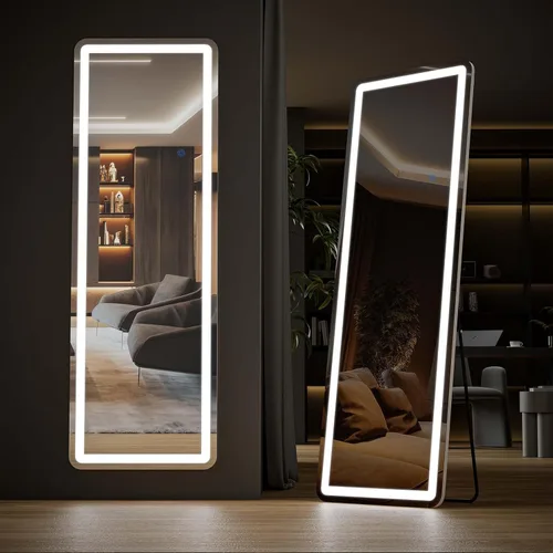 Miniatura 11 de Espejo arqueado de cuerpo entero con luces LED, espejo de piso de 60"x16" con soporte, espejos corporales de piso con atenuación e iluminación de 3