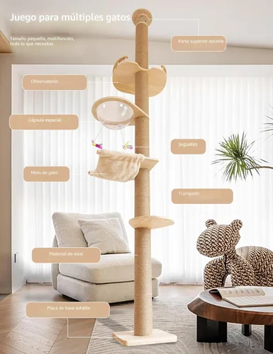 Miniatura 4 de Árbol para gatos del piso al techo con poste rascador de cuerda de sisal natural, altura ajustable (55-119 pulgadas), árbol de actividades
