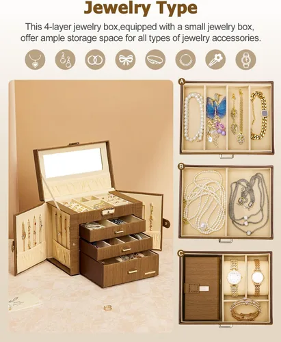 Miniatura 3 de Homde Joyero 2 en 1 para mujeres y niñas con estuche de viaje pequeño, espejo, collar, anillo y aretes, organizador (marrón + dorado)