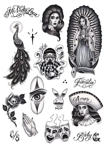 Miniatura 17 de Tatsy Juego de chicano, calcomanía temporal de tatuaje para hombres y mujeres, tatuajes falsos de temperatura corporal, chicana, vato, latín