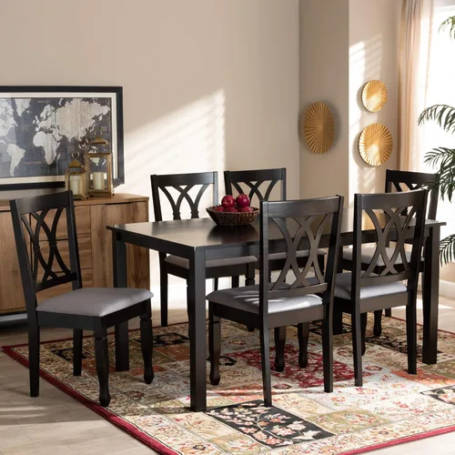 Miniatura 6 de Baxton Studio Petrina - Juego de comedor tapizado de tela gris, madera con acabado marrón expreso, 7 piezas