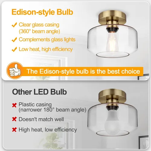 Miniatura 3 de Lynnoland Lámpara de Techo Industrial Semiempotrada de Latón, Bombilla LED de 800 Lúmenes Incluida, Pantalla de Vidrio Transparente, Accesorio