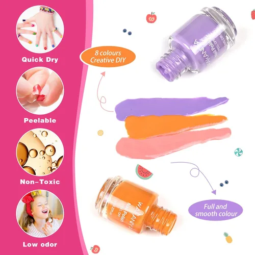 Miniatura 3 de wakaniya Kit de esmalte de uñas para niños, no tóxico, secado rápido, despegable, mini esmalte de uñas para niños pequeños con calcomanías de gemas