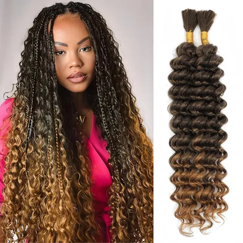 Miniatura 16 de Mezcla de cabello humano trenzado sintético bohemio para trenzar, 16 pulgadas de onda profunda a granel para trenzas bohemias, 2 piezas de cabello 1b