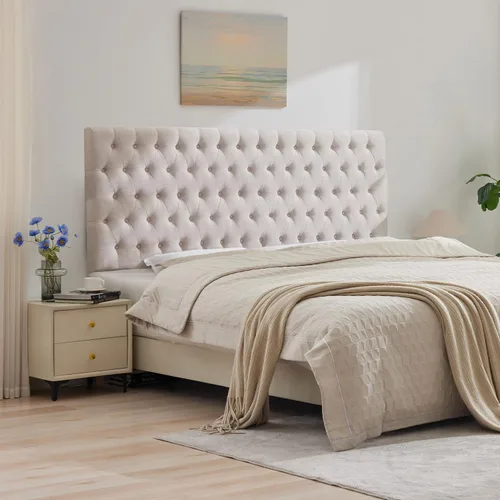 Miniatura 28 de Kingfun Cabeceras con diseño moderno de botones, cabecera de cama tapizada y acolchada de tela de lino premium, cabecera de madera maciza ajustable