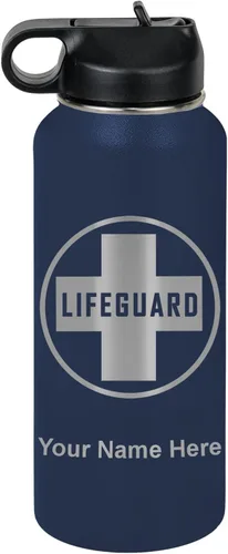 Miniatura 56 de LaserGram Botella de agua personalizada, salvavidas, acero inoxidable de doble pared aislada al vacío con popote superior, regalo grabado Negro
