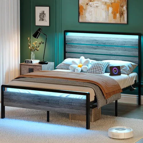 Miniatura 10 de VINGLI Base de cama de plataforma individual con cabecero y estribo LED, estación de carga USB, cama de panel de metal con espacio de almacenamiento