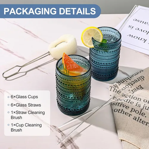 Miniatura 6 de ZMOWIPDL Juego de vasos de vidrio vintage de 6 vasos de vidrio de hobnail de 15 onzas, vaso de agua azul en relieve, para cerveza, cóctel, whisky