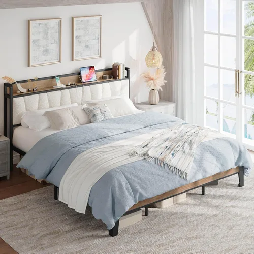 Miniatura 148 de LIKIMIO Base de cama Queen, cabecera de almacenamiento con estación de carga, sólida y estable, sin ruido, no necesita somier, fácil montaje Vintage