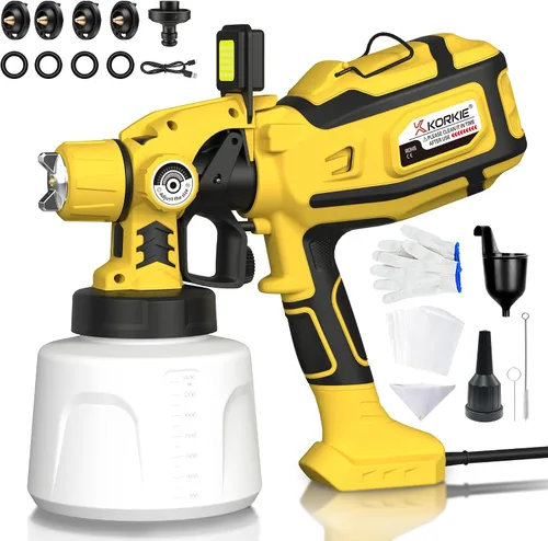KORKIE Pulverizador de pintura de 1250 W para pintura de casa, pistola eléctrica HVLP de 47.3 fl oz con 5 boquillas de latón, 3 patrones y luz LED,