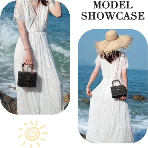 Miniatura 6 de Fecialy Bolso de mano de ratán tejido a mano para mujer, bolso de mano de paja para playa, bolso cruzado cuadrado bohemio