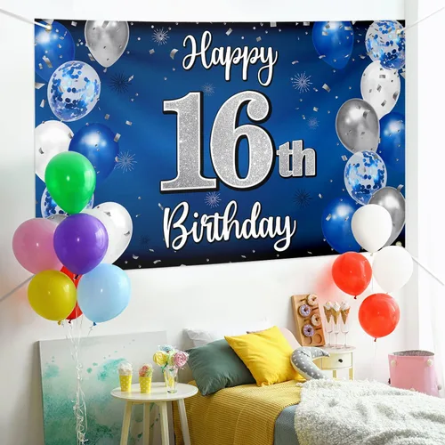 Miniatura 3 de Decoraciones de feliz cumpleaños número 16, globo azul y plateado grande cartel de fondo de cumpleaños de 16 años, suministros para fiesta de 16º